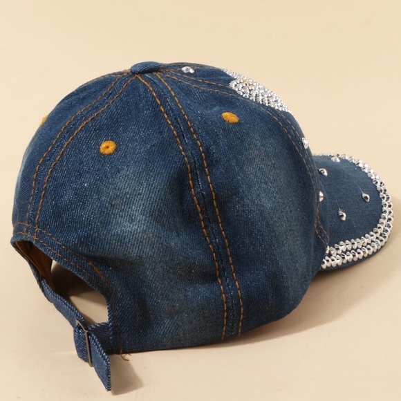 Jeweled  Denim Heart Rhinestone Embellished Baseball Cap - Picture 3 of 5